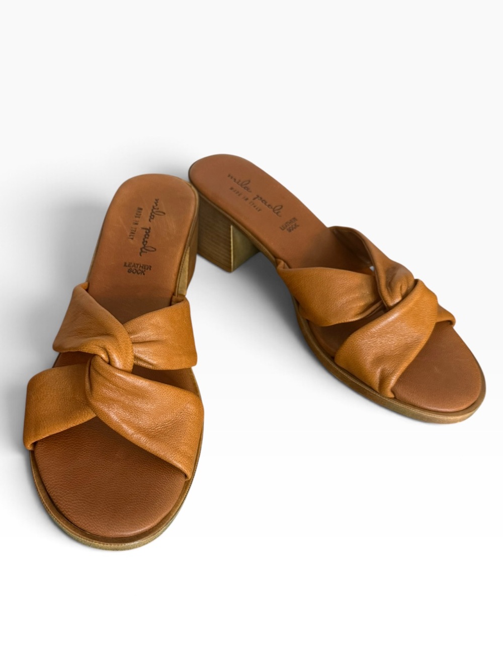 Mila Paolo Cognac Leather Heeled Twist Sandals